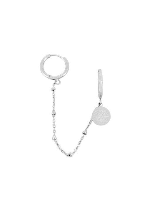 Mono boucle créole argentée avec chaîne et médaille soleil